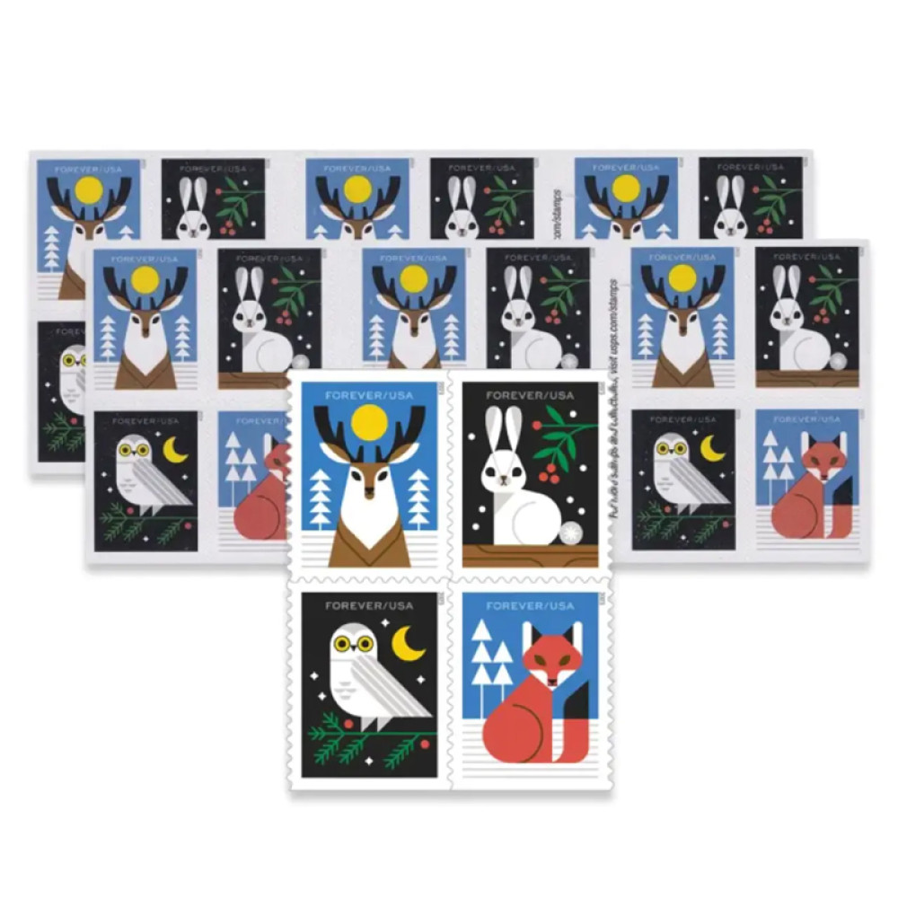 (2023) Winter Woodland Animals Forever Postage Stamps (a Deer, Fox, Rabbit, and Owl)
