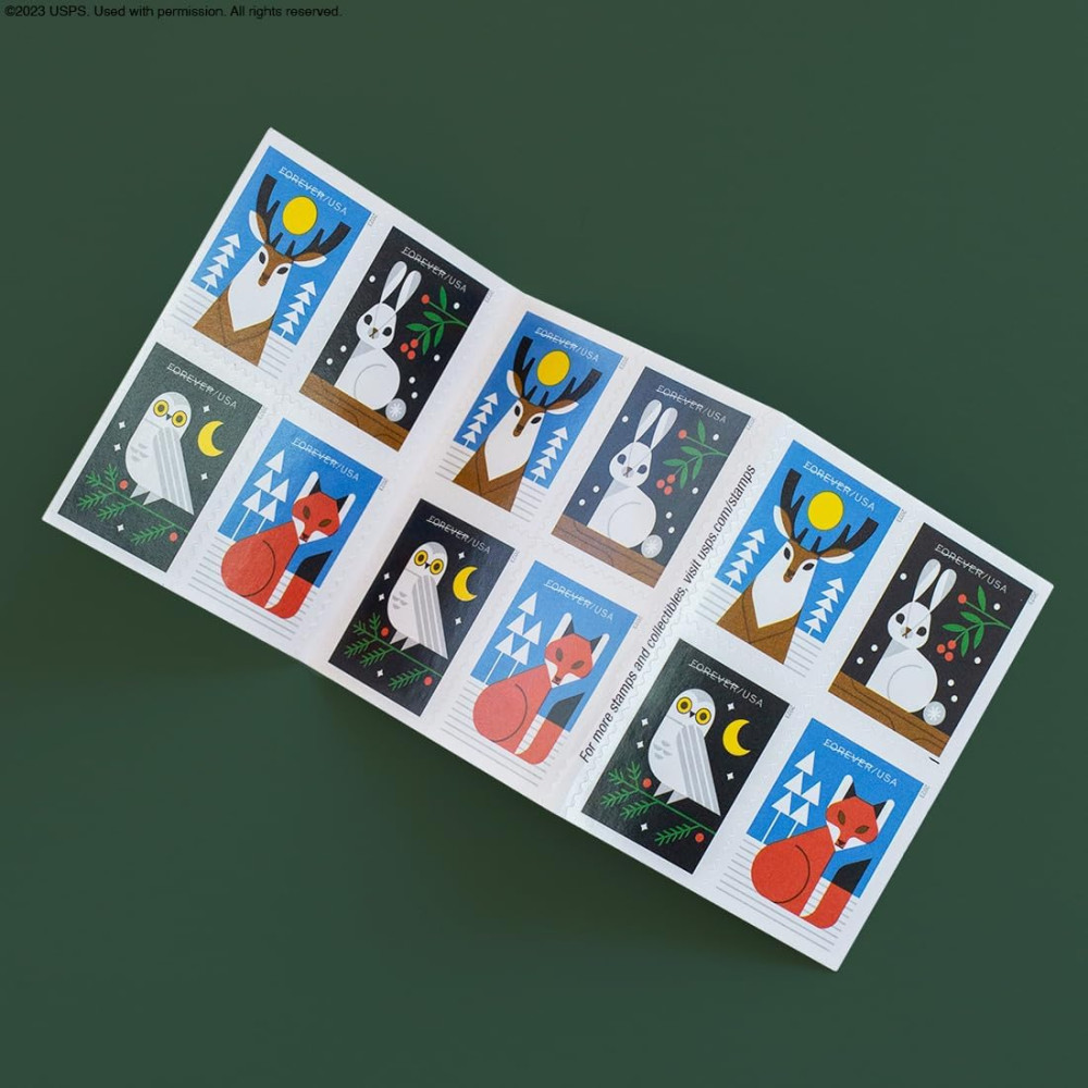 (2023) Winter Woodland Animals Forever Postage Stamps (a Deer, Fox, Rabbit, and Owl)