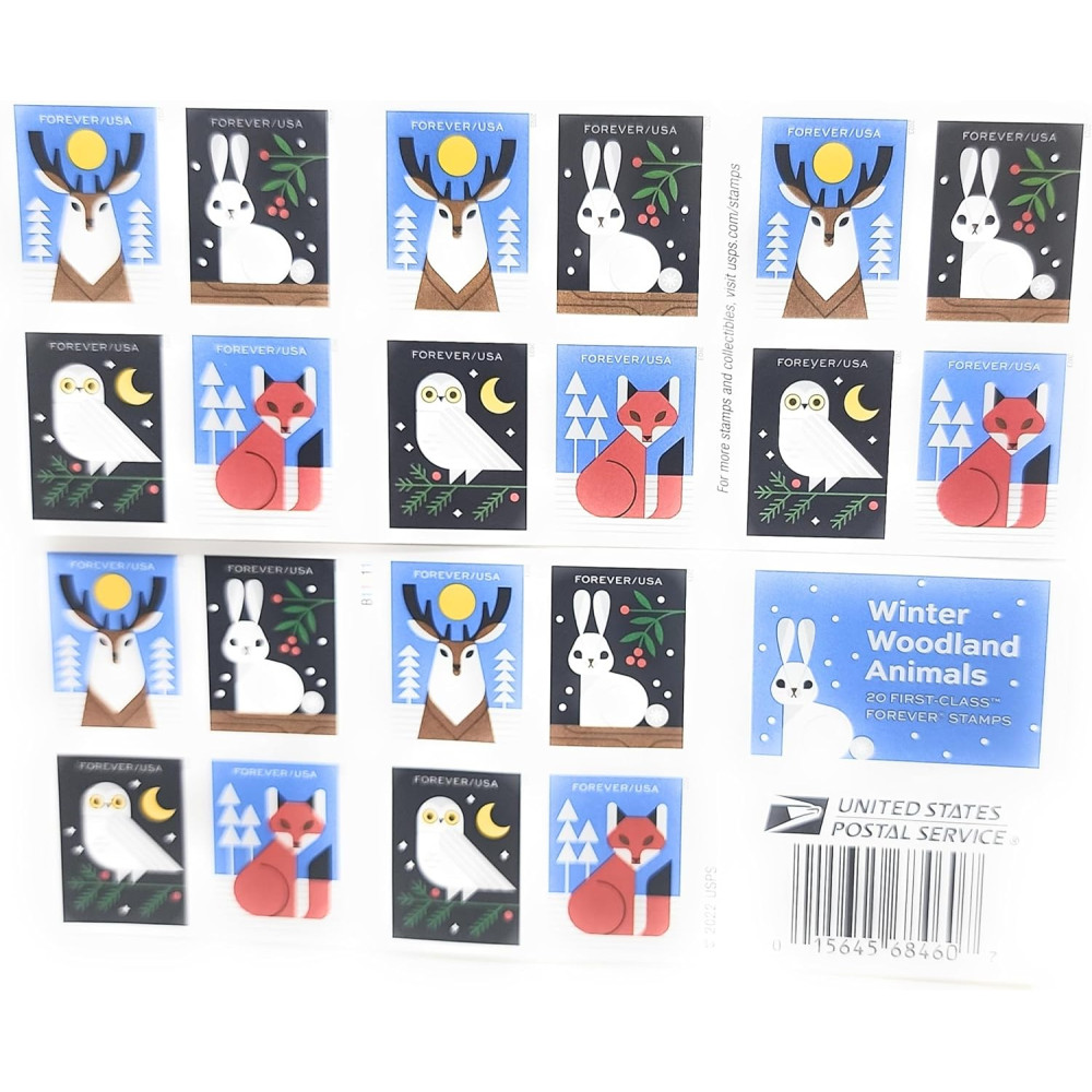 (2023) Winter Woodland Animals Forever Postage Stamps (a Deer, Fox, Rabbit, and Owl)